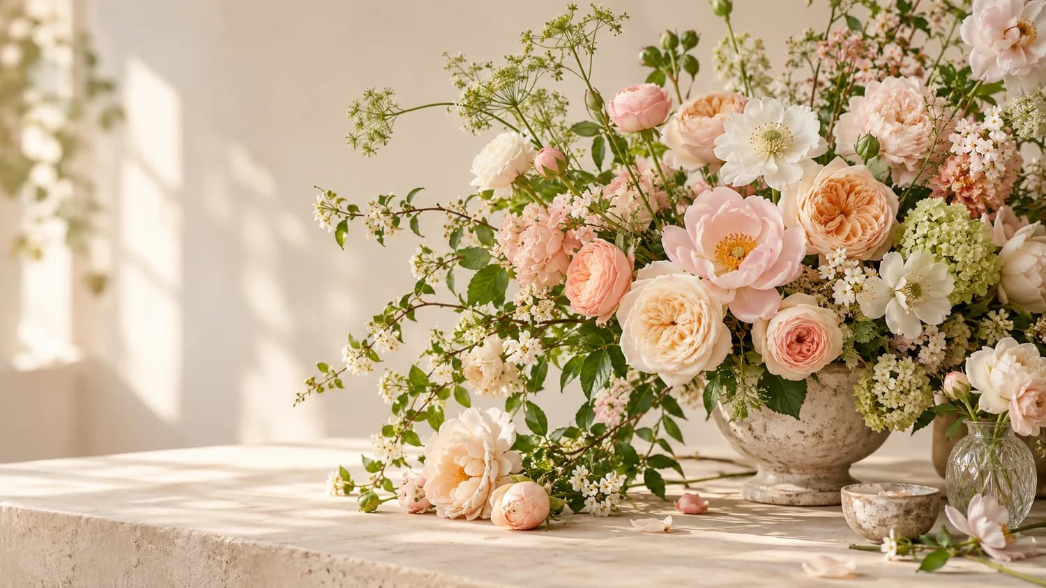 Bouquets de fleurs pastel dans un atelier lumineux