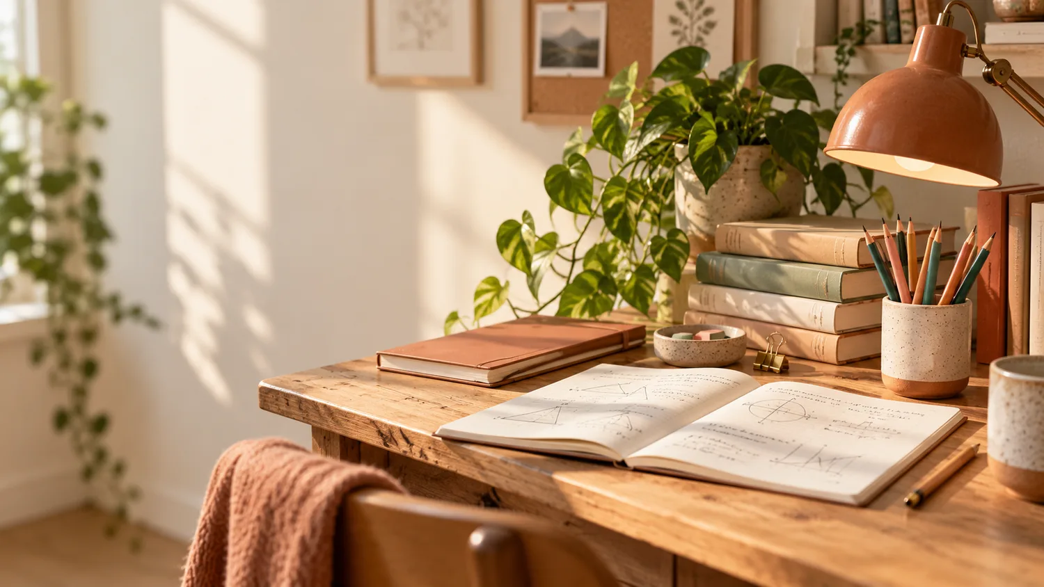 Bureau d’étude avec cahier, crayons et livres
